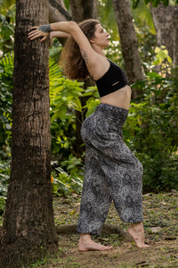Black-and-gray paisley rayon flow pants, loose wide-leg silhouette, side view